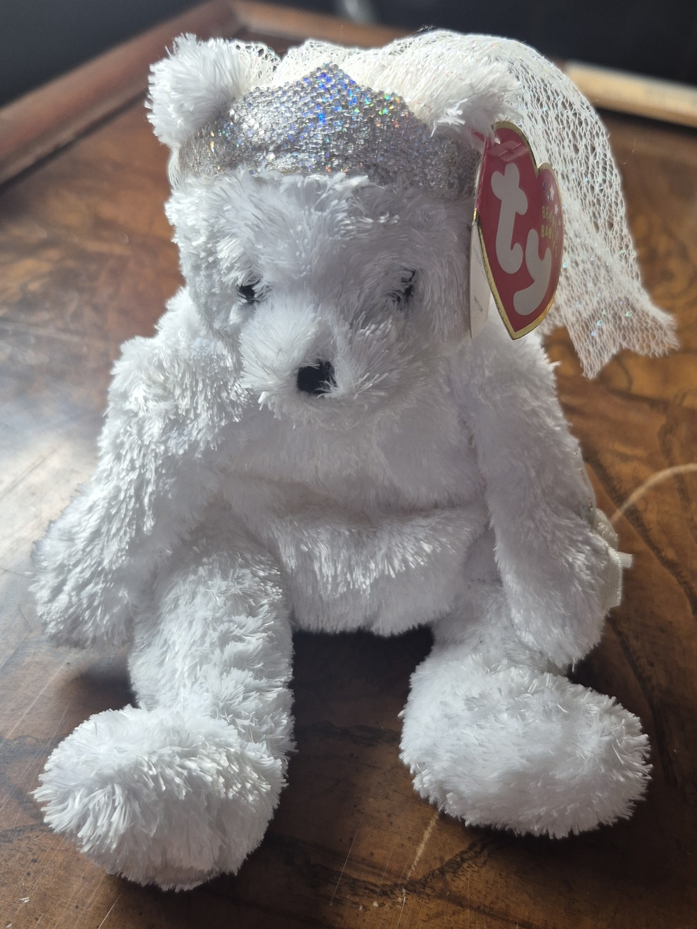 Ty Beanie Baby White Plush Bear with Sparkle Crown